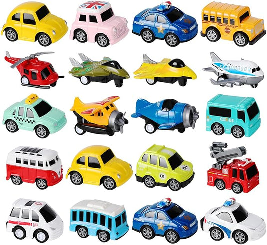 18 Pack Assorted Pull Back Cars and Airplanes Toy Set, Mini Die-cast Metal Friction Powered Vehicles Toy for Kids Boys Girls