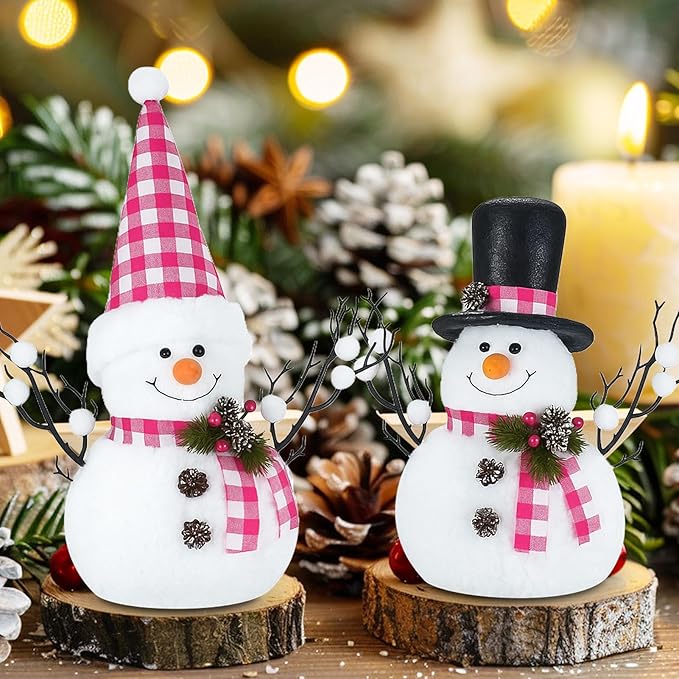 2 Pack Pink Christmas Decor, 14" Lighted Plush Snowmen Christmas Trees with Pine Cone Twigs, Light Up Snowman Holiday Present, Xmas Party Gifts Tabletop Ornaments (Pink and White)