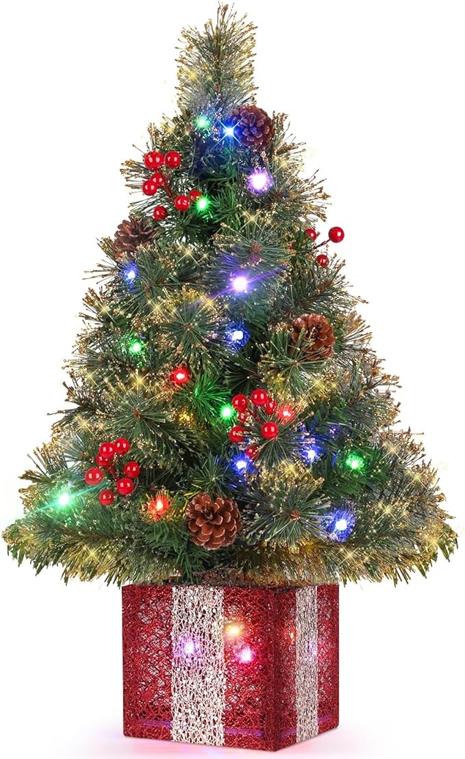 Mini Christmas Tree with Lights, 2 Foot Tabletop Christmas Trees with Gift Box Base&Ornaments, Easy Setup Artificial Xmas Trees, Twinkling Tiny Christmas Tree Battery Powered for Bedroom