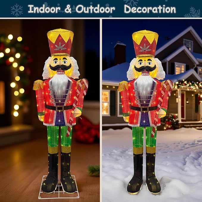 5FT Outdoor Christmas Lighted 3D Nutcracker with Candy Cane,100 LEDs Lighted-up,Outdoor Lighted Holiday Displays with Stakes & Zip Ties for All-Weather Christmas Yard Decoration, Porch, Lawn