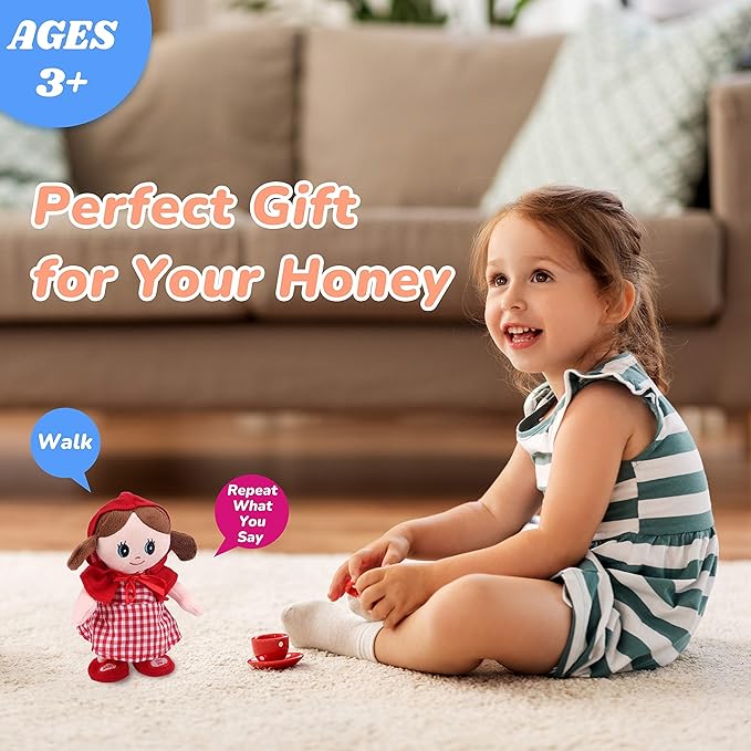 Hopearl Talking Singing Doll Repeats What You Say Girl Walking Electric Interactive Animated Toy Speaking Plush Buddy Gifts for Toddlers, Red, 8''