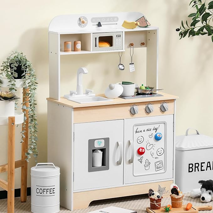 SainSmart Jr. Wooden Play Kitchen for Kids - Premium Toddler Pretend Play Cooking Set - Includes Stove, Refrigerator, and Accessories for Boys and Girls