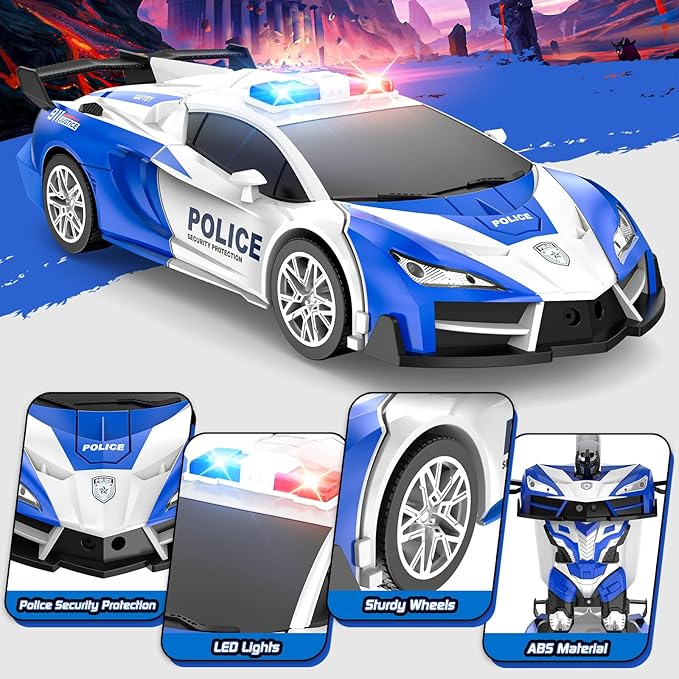 Remote Control Car, One-Button Transform Toys Car, 2.4GHz RC Cars 1:18 Scale, 360 Degree Rotation Police Car Toy Transforming into Robot Toy for Boys Girl Kids 4-7 8-12 6-8, Birthday