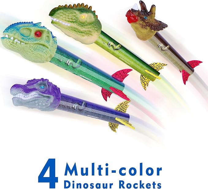 Dinosaur Toy Rocket Launcher for Kids - Launch Up to 100 Ft, 4 Rockets, Outdoor Outside Toys for Kids, Dinosaur Toys, Birthday Gifts for 3 4 5 6 7 8-12 Year Old Boys Girls