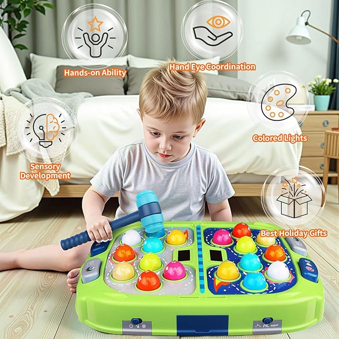 WAYKEE Whack a Mole Game, Toys for Ages 3-4 5-7 8-12 Boys Girls, Whack Game for Toddlers, Gifts for 3 4 5 6+ Year Old Boys Girls, Early Learning Educational Toys with 2 Hammers Sound & Light