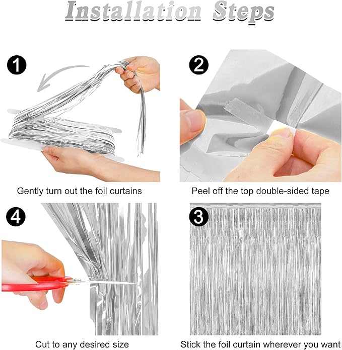 4 Pack Party Decorations, Metallic Silver Backdrop, Photo Booth Props Silver Curtains Tinsel Backdrop Foil Streamer, 21st Birthday Decorations Bachelorette Decor