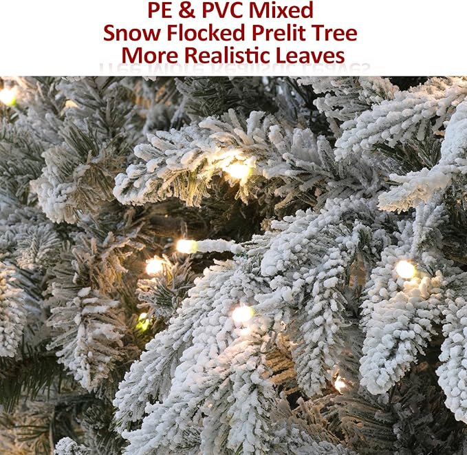 Flocked Christmas Tree Prelit, 7.5 ft Prelit Christmas Tree with Lights, Artificial Tree with 2700 Realistic Tips & 400 Lights Includes 10 Modes, On/Off Foot Flash Pedal