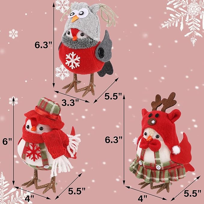 3 Pack 6 Inch Christmas Table Decorations - Small Bird Figurines, Red Cute Xmas Ornaments for Table Top, Desktop, Mantel, Kitchen Decor, Holiday, Winter Party Gifts
