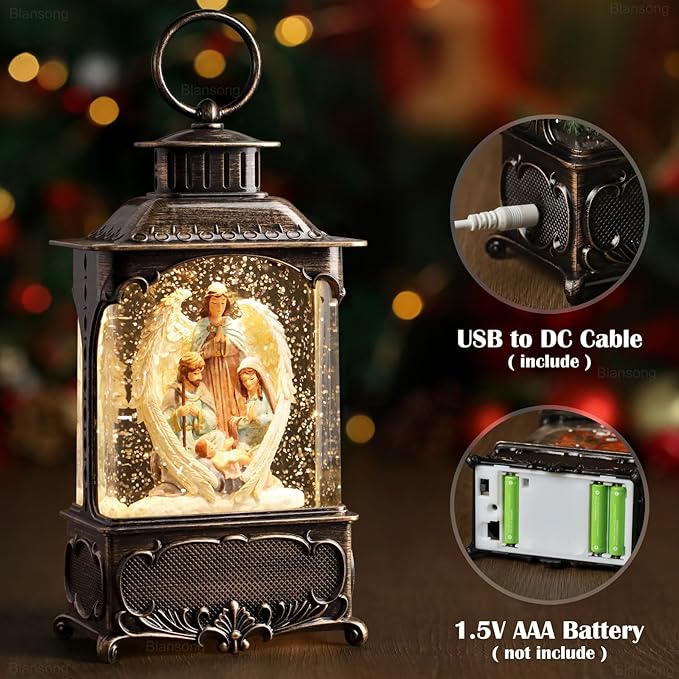 Nativity Snow Globe Lantern Christmas Decorations Gifts Auto Snowfall Glitter Music Collection Angel Nativity Scene with 6H Timer USB/Battery Powered 10.2 inch