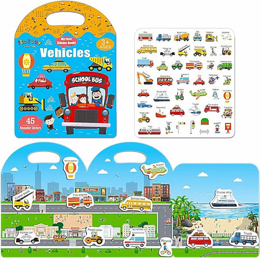 6 Sets Reusable Sticker Books for Toddlers 1-3, Jelly Sticker Books for Kids 2-4, Vehicle Stickers for Kids