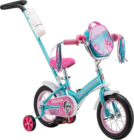 Schwinn Grit and Petunia Push Steer and Ride Kids Bike, For Boys & Girls Ages 2-4 Year Old, Rider Height 28-38 Inch,12-Inch Wheels, Training Wheels, Detachable Push Handle with Water Bottle & Holder