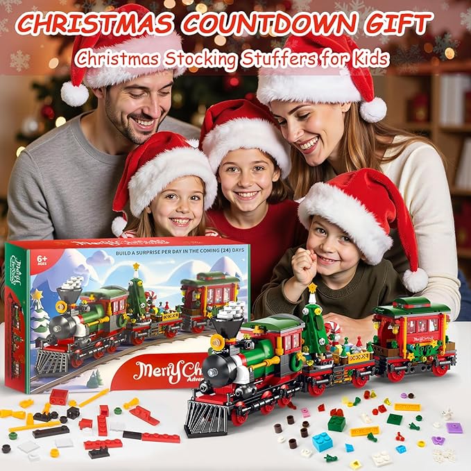 Advent Calendar 2025 Kids 6+ Teen Girls Boys Christmas Train Toys Building Block Sets 24 Days Christmas Gifts Countdown Calendar Christma Holiday Decor Train Building Kits for Tree Village Table