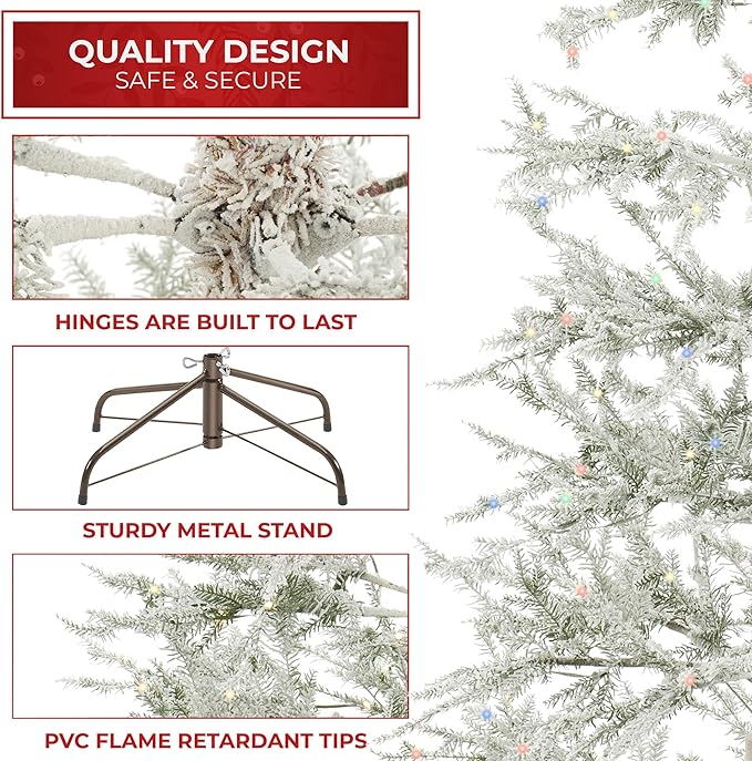 Casafield 7.5FT Pre-Lit Sparse Flocked Pine Artificial Holiday Christmas Tree, Warm White and Multicolored LED Lights with Sturdy Metal Stand