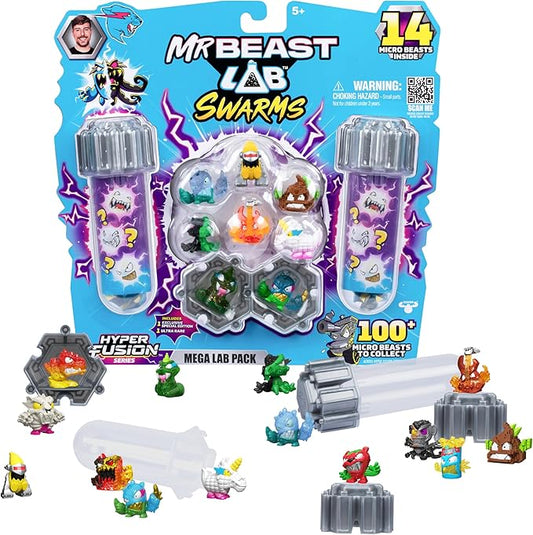 MRBEAST LAB Swarms Series 3, Hyper Fusion Series, 14 Pack Collectible Micro Beasts, 14 Collectible Stickers & 4 Fusion Caps to Build Out Your Own Biting Hot Sauce