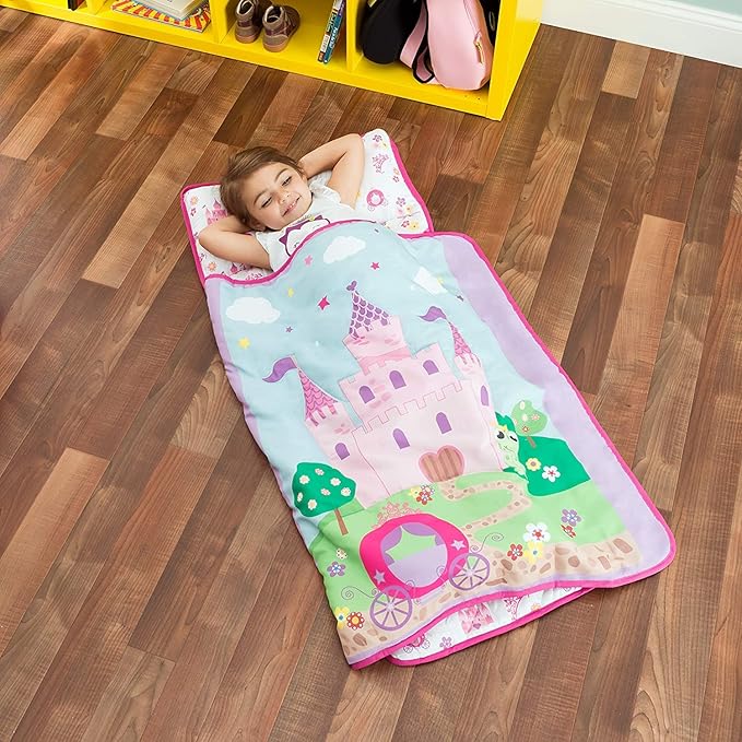 EVERYDAY KIDS Toddler Nap Mat with Removable Pillow -Princess Storyland- Carry Handle with Fastening Straps Closure, Rollup Design, Soft Microfiber for Preschool, Daycare, Sleeping Bag -Ages 2-6 years