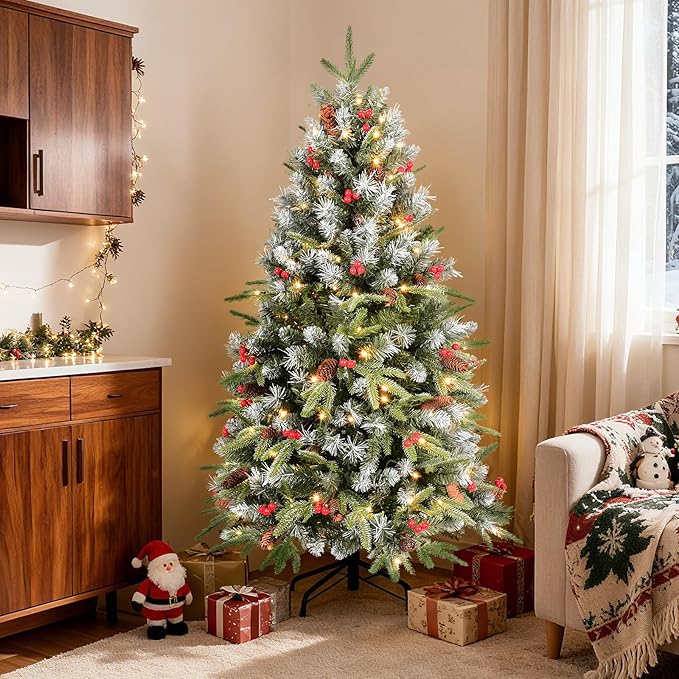 7Ft Pre-Lit Artificial Christmas Tree Fully Pre-Decorated with 2178 Flocked Frosted Tips, 75 Berries, 75 Pine Cones, 450 Lights, Realistic Xmas Tree with Metal Hinges& Floded Stand