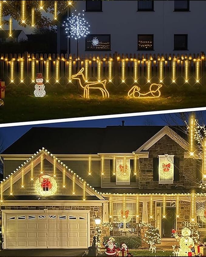 Aokudoni Warm White Christmas Lights Meteor Shower Lights Outdoor 24-Tube 576 LED Snowfall Icicle Cascading Rain Light Christmas Decorations for House Tree Yard Roof Patio Porch Stair, UL Plug