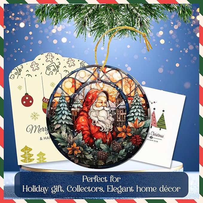 2025 Christmas Ornament – Vintage Santa Stained Glass Acrylic Ornament, Round Cathedral Window Design, Dated Navidad 2025 Decoration for Tree, Classic Holiday Santa Ornament Gift