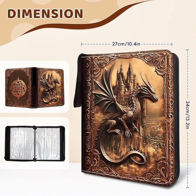 900 Pocket Trading Card Storage Album, Card Binder with 50 Durable 9-Pocket Pages, Retro Dragon Design on Pocket Card Packs, Thanksgiving Christmas Birthday Gifts for Zipper Closure Collector