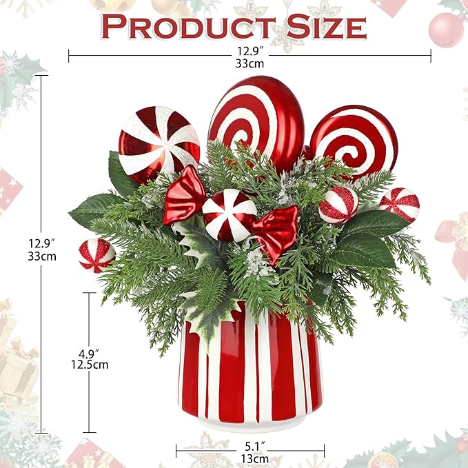 Christmas Table Centerpieces Decorations 12.9" Artificial Small Christmas Tree Potted Plant with Red and White Lollipop Candy Canes Pine Cones for Indoor Home Xmas Party Arrangement Centerpieces Decor