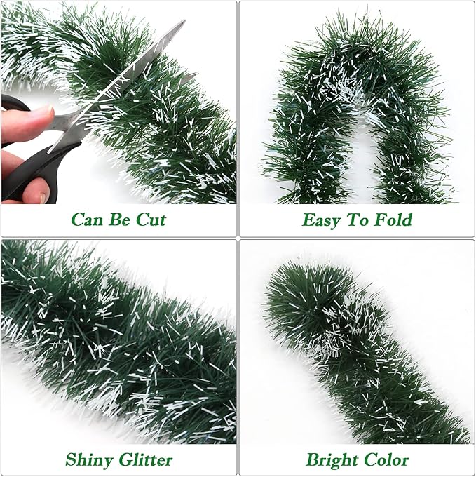50FT Green Christmas Tinsel Garland Decorations to Christmas Tree, Thick and Thin Metallic Streamers Foil Tinsel Twist Garland Decor Home Indoor Outdoor Party Supplies