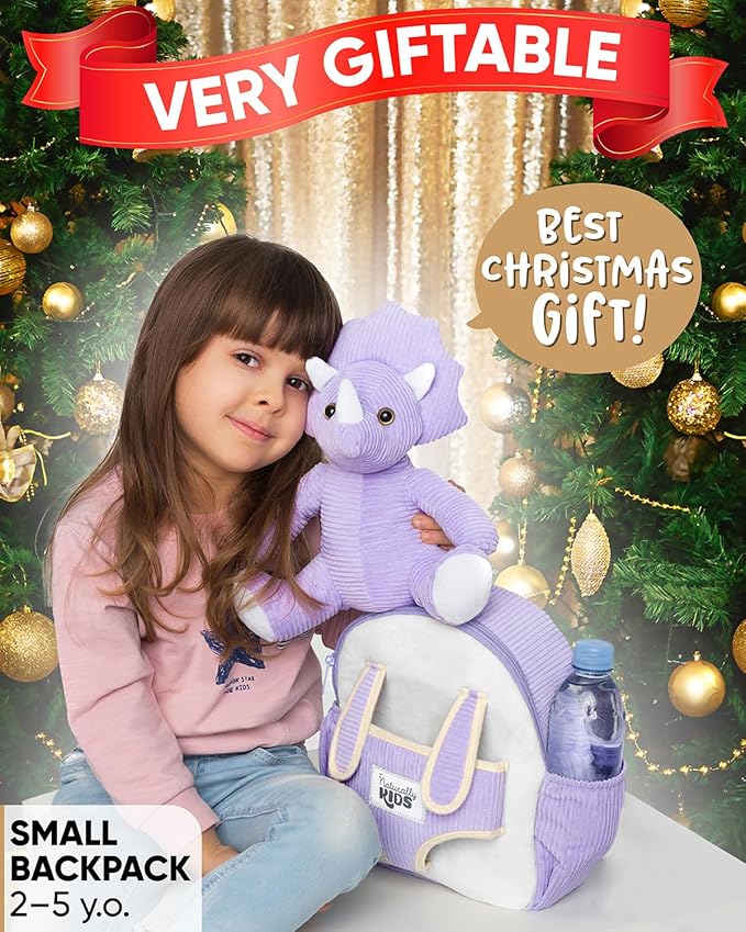 Naturally KIDS Purple Dinosaur Toys for Girls, Triceratops Toy, Dinosaur Gifts for 2 3 Year Old Girls, Toddler Backpack