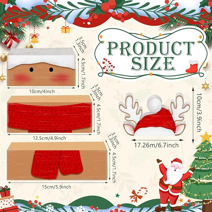 Britimes 4 Pcs Christmas Reindeer Table Decor Christmas Tiered Tray Decorations Set Red Nose Reindeer with Scarf Block Signs Gift Rustic Farmhouse Tabletop Decor for Table & Home Office