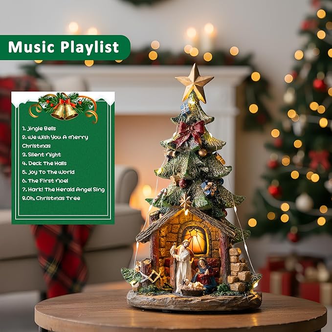 Musical Christmas Tree Nativity Scene with Figurines LED Light, Christmas Holy Family Nativity Scene for Xmas Decor Gift, Tabletop Decorative Christmas Ornaments