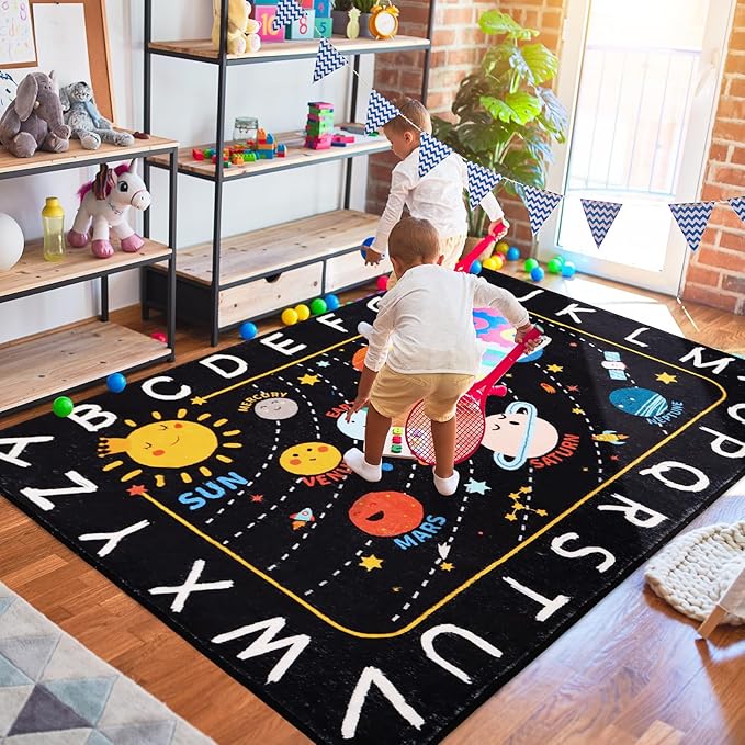 Outer Space ABC Alphabet Educational Rug, 78.7"X59", Non Slip Solar System Galaxy Planets Playroom Rug, Washable Area Rug Carpet for Classroom, Bedroom, Kids Room Decor