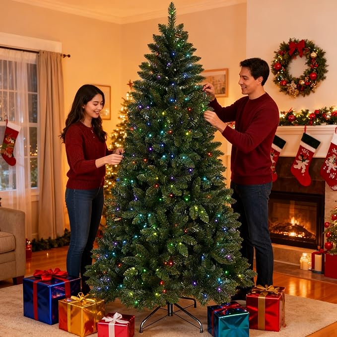 6 ft Prelit Christmas Tree with 300 Multi-Color Changing RGB LED Lights, Twinkle Artificial Christmas Tree with 751 Tips