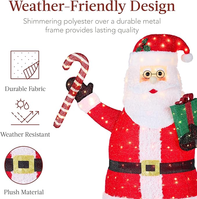 Best Choice Products 5ft Lighted Pop-Up Santa, Large Outdoor Christmas Holiday Decoration w/ 250 LED Lights, Twinkling Candy Cane, Gift Box, Hat