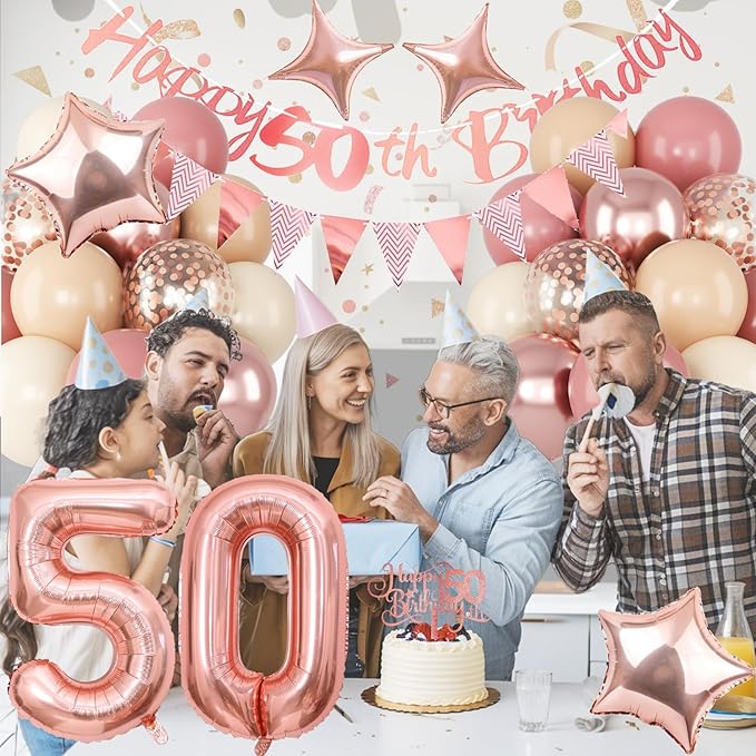 50th Birthday Decorations for Women, Retro Pink Beige Number 50 Balloon Set Happy 50th Birthday Banner Cake Topper Dusty Pink Beige Rosegold Star Balloons for Her 50 Year Old Bday Party Decor