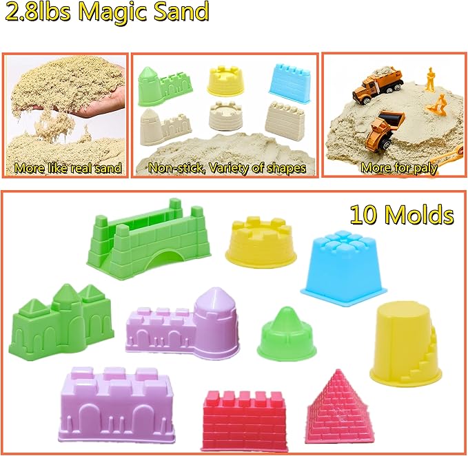 Sand Construction Kit, 2.8lbs Play Sand with Sandbox, 1 Toy Mat 8 Alloy Construction Trucks Race Tracks 10 Sand Molds Sensory Bin Toys for Toddlers Boys Girls Ages 3-8