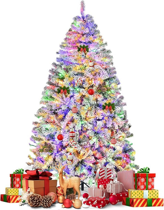 6ft Prelit Christmas Tree Snow Flocked Artificial Xmas Tree with 250 Colorful LED Lights, Remote Control, 1000 Branch Tips, Time and 11 Light Modes