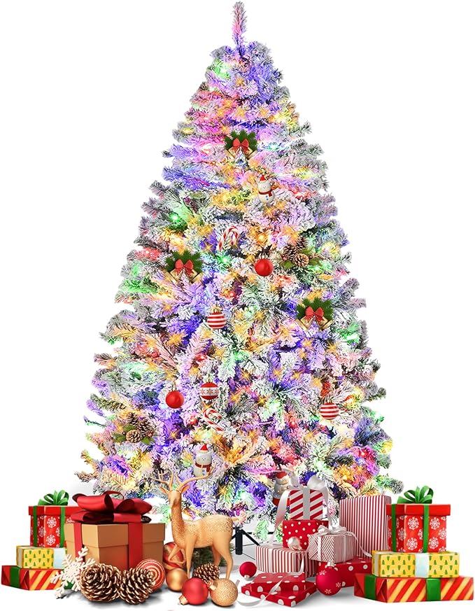 7.5ft Prelit Christmas Tree Snow Flocked Artificial Xmas Tree with 550 Colorful LED Lights, Remote Control, 1405 Branch Tips, Time and 11 Light Modes