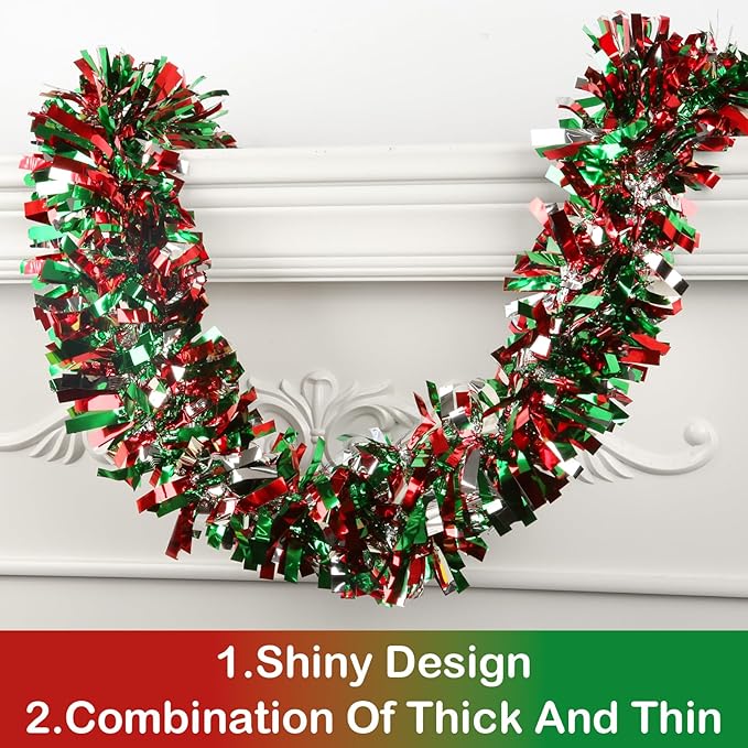 50 Feet Christmas Tinsel Twist Garland - Metallic Tree Hanging Decorations for Party Supplies (Red, Green and Silver)
