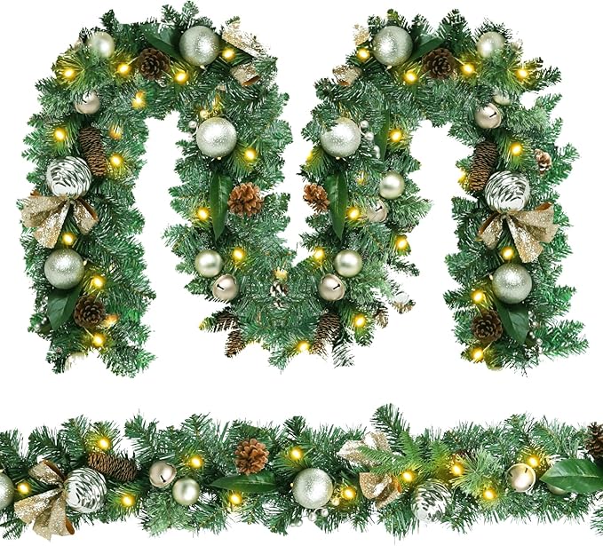Christmas Garland Lighted Indoor Outdoor Decorations Artificial Christmas Garlands with Light Mantel Pine Cone for Door Porch Holiday Party Outdoor Indoor Xmas Decor 6FT Gold B