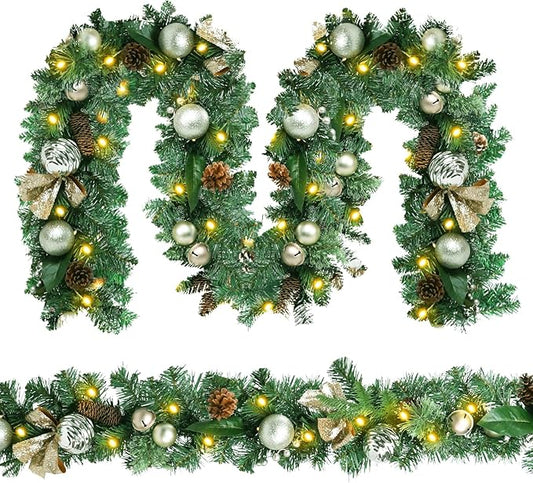 Christmas Garland Lighted Indoor Outdoor Decorations Artificial Christmas Garlands with Light Mantel Pine Cone for Door Porch Holiday Party Outdoor Indoor Xmas Decor 6FT Gold B