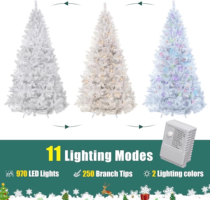 Annecy 6ft Pre-Lit Christmas Tree, White Artificial Full Spruce Christmas Tree for Home, Office, Party Decoration w/ 970 Branch Tips, 250 Warm White & Multi-Color Lights, Metal Hinges & Base,White 6ft
