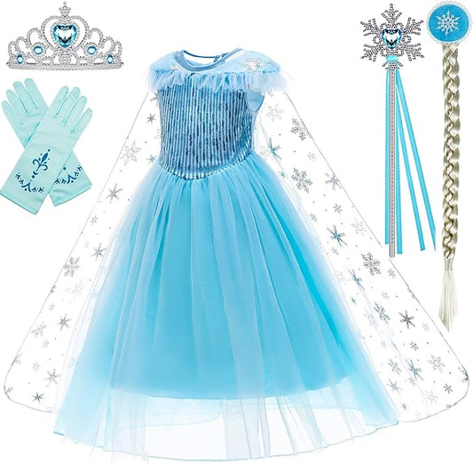 Princess Dresses for Girls Costumes Birthday Party Halloween Dress Up with Wig,Crown,Mace,Gloves Accessories 3-10 Years