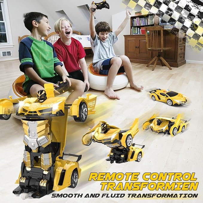 Transform Remote Control Car - Rc Cars, One-Button Transforming, 360° Rotation Drifting, 2.4ghz 1:18 Scale, Gift Kids Aged 4-6 Year Old Boys/Girls, Police Car Yellow