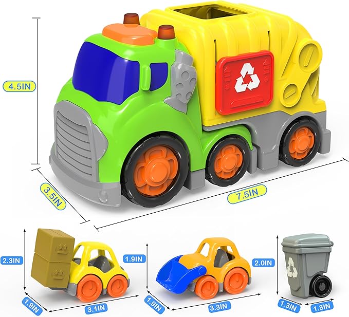 P&C 7.5" Toddlers Garbage Truck Toys for Ages 2-4, City Vehicle Trash Truck Car Set with Sounds and Lights for Kids 18M+, 2, 3, 4 Year Old, Ideal Birthday Christmas Gifts for Boys Girls