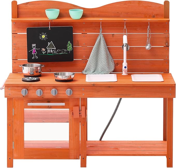 VEVOR Mud Kitchen for Kids, Wooden Toy Play Kitchen Set, Outdoor Toddler Grocery Store Playset for Boys & Girls, Pretend Play Kitchen with Stoves, Sink, Faucet, Blackboard, Cookware Pots, Accessories