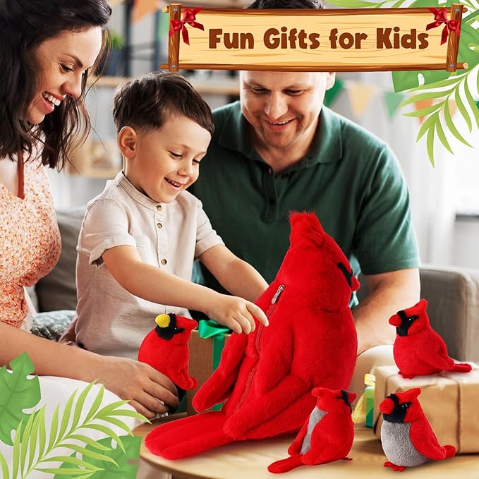 5 Pcs Northern Cardinal Plush Mommy Stuffed Animal with Baby Plush Red Bird Soft for Girls Birthday Xmas Bedtime Gift Bed Rest Chair Bolster Nursery Decoration(Cardinal)