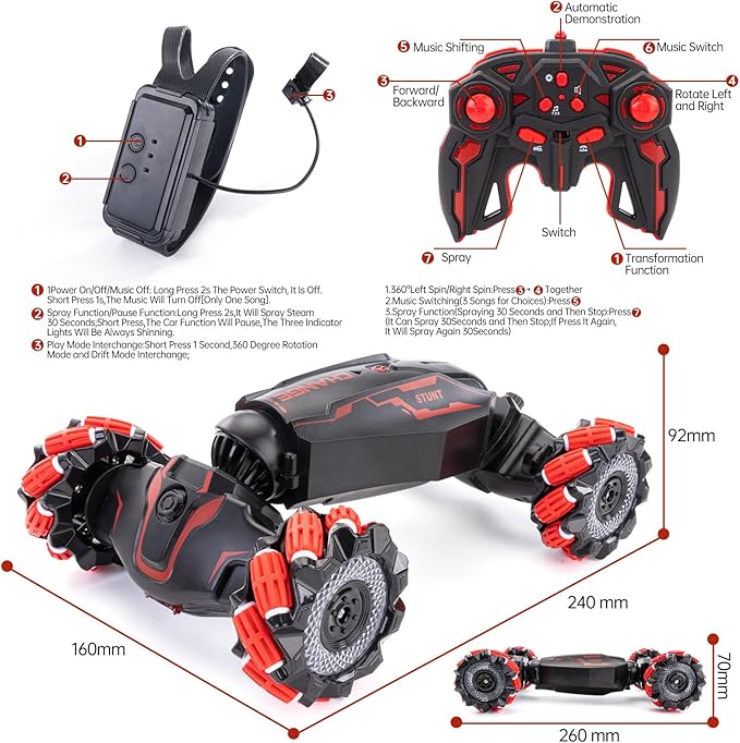 Gesture Sensing RC Stunt Car, 2.4 GHz 4WD Remote Control Car 360° Rotate Transform Off-Road Drift RC Cars with Cool Lights Music, Ideal Presents for Boys Girls for Birthday (Red)