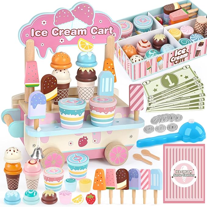 Dreamon Wooden Ice Cream Toys for Kids Toddlers, 48 PCS Ice Cream Cart Play Kitchen Accessories with Menu, Pretend Money, Wooden Ice Cream Shop Play Food Sets for 3 4 5 6 Year Old Girls Boys Gifts