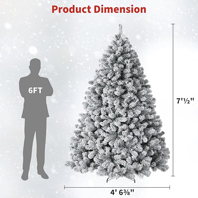 7.5FT Prelit Fluffy Snow Flocked Fraser Fir Artificial Christmas Tree with Warm White Lights, Hinged Branches, 1100 Tips, Artificial Christmas Tree Include Metal Stand for Holiday Home Decor