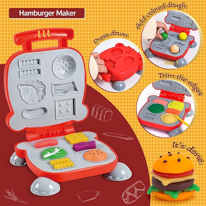 3 in 1 Color Dough Sets for Kids Ages 3-4-8, Dough Tools Accessories Kit, Ice Cream Playset Noodle Hamburger Maker, Pretend Play Kitchen Creations Food Toys Arts Crafts for Toddlers Girls Boys