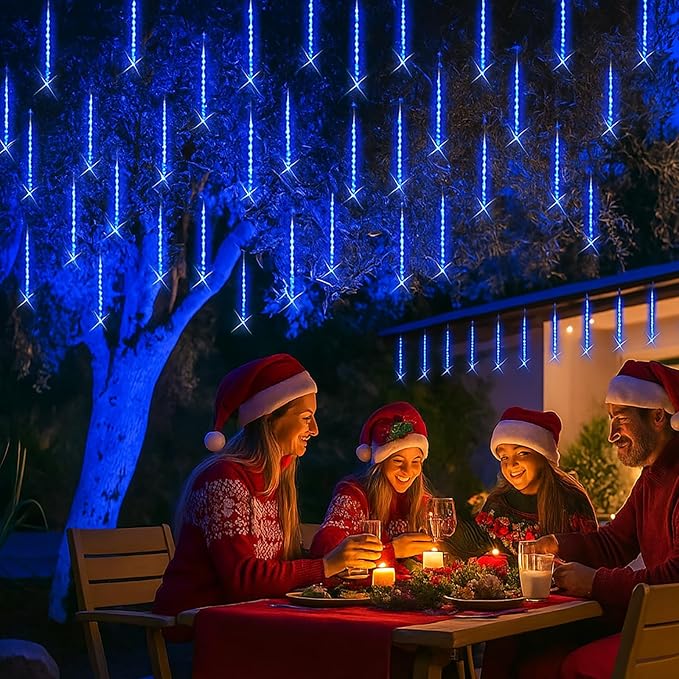 Aokudoni Outdoor Christmas Decorations: 24-Tube Meteor Shower Lights 576 LED Snow Falling Icicle Christmas Lights Outdoor for House Tree Yard Garden Xmas Decor, UL Plug, Blue