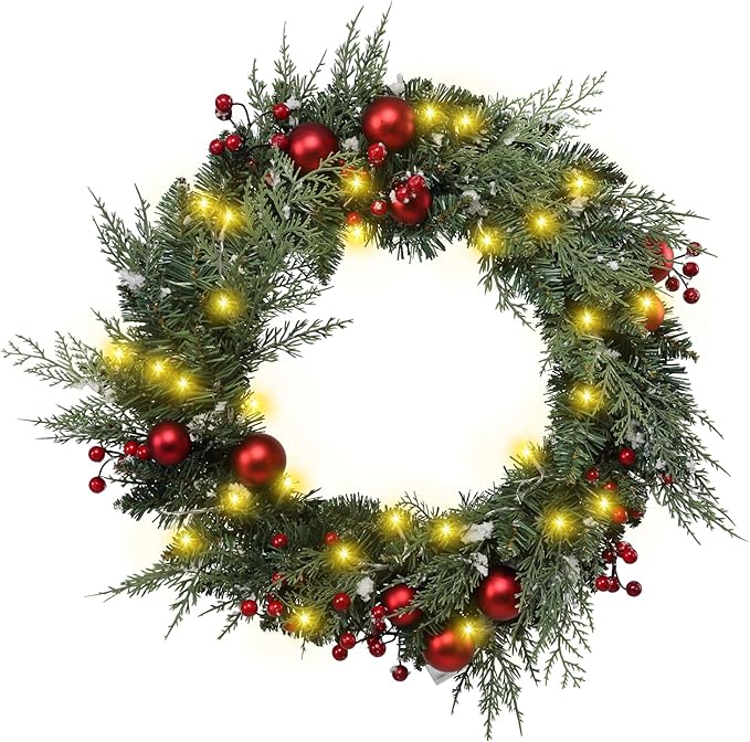 20" Large Christmas Wreath with LED Lights Winter Wreaths for Front Door or Wall Powered by 3AA Batteries for Indoor Outdoor Party Holiday Decorations